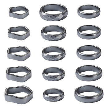 15Pcs 15 Styles Synthetic Hematite Plain Band Finger Rings, Power Stone Jewelry for Women, US Size 6~12 3/4(16.5~22mm), 1pc/style