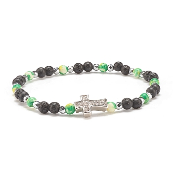 Natural & Synthetic Mixed Gemstone Beaded Stretch Bracelet with Clear Cubic Zirconia Cross for Women, Lawn Green, Inner Diameter: 2-1/4 inch(5.6cm)