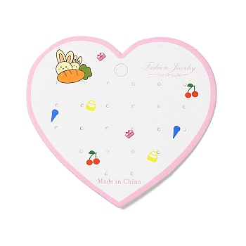 Heart Shaped Paper Earring Display Cards, Rabbit Print Jewelry Display Cards for Earring Stud, Pearl Pink, 9.3x10.3x0.05cm, Hole: 1.5mm and 7mm