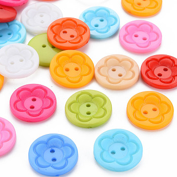 4-Hole Platsic Buttons, Flat Round with Flower, Mixed Color, 22.5x3.5mm, Hole: 2mm
