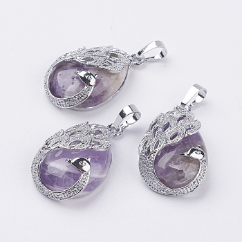 Natural Amethyst Pendants, with Brass Finding, Teardrop with Peacock, Platinum, 33x20x10.5mm, Hole: 5x6.5mm