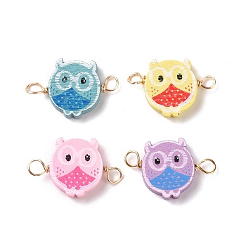 Spray Painted Wood Connector Charms, with Golden Tone Copper Wire Loops, Owl, Mixed Color, 30.5x21.5x4.5mm, Hole: 4mm