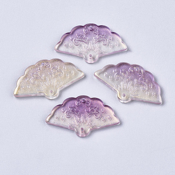 Transparent Spray Painted Glass Pendants, with Single Face Glitter Powder, Fan, Orchid, 20x34.5x3.5mm, Hole: 1.2mm