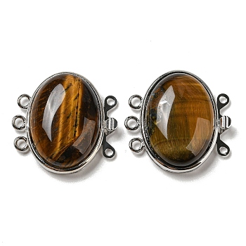 Tiger Eye Box Clasp, with Alloy Findings, Oval, 27x27x9.5~10.5mm, Hole: 2mm