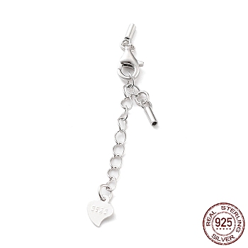 Rhodium Plated 925 Sterling Silver Curb Chain Extender, End Chains with Lobster Claw Clasps and Cord Ends, Heart Chain Tabs, with S925 Stamp, Platinum, 21.5mm