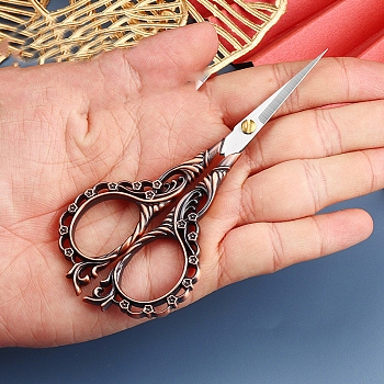 Stainless Steel Scissors, Paper Cutting Scissors, Portable Hollow-out Flower Embroidery Scissors, Red Copper, 125x55mm
