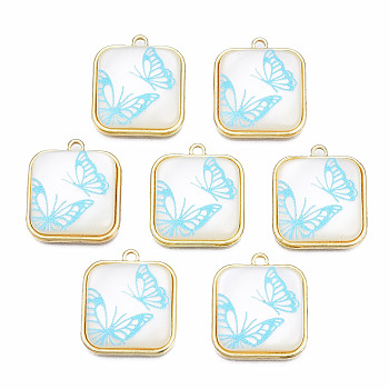 Resin Pendants, with Light Gold Plated Alloy, Cadmium Free & Nickel Free & Lead Free, Square with Butterfly, Light Sky Blue, 20.5x18x5.5mm, Hole: 1.6mm