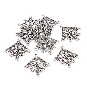 Tibetan Style Alloy Links, Lead Free and Cadmium Free, Rhombus, Antique Silver, 35x33.5x1.5mm, Hole: 2mm