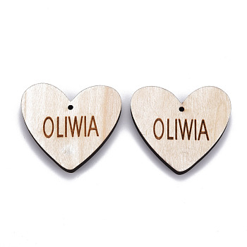 Wood Big Pendants, Laser Engraved, Heart with Oliwia, PapayaWhip, 49.5x54.5x5.5mm, Hole: 2.5mm