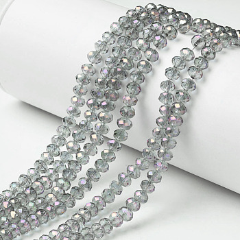 Electroplate Transparent Glass Beads Strands, Full Rainbow Plated, Faceted, Rondelle, Light Grey, 6x5mm, Hole: 1mm, about 85~88pcs/strand, 16.1~16.5 inch(41~42cm)