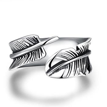 Fashionable Unisex 316L Surgical Stainless Steel Feather Cuff Rings, Open Rings, Antique Silver, Size 8, 18.1mm