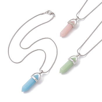 Bullet Shape Synthetic Luminous Stone Pendant Necklace with Brass Snake Chains, Mixed Color, 16.57 inch(42.1cm)