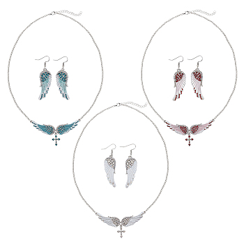 Rhinestone Wings with Cross Pendant Necklaces & Dangle Earrings, Platinum Alloy Jewelry for Women, Mixed Color, 22.64 inch(57.5cm), 42x15mm