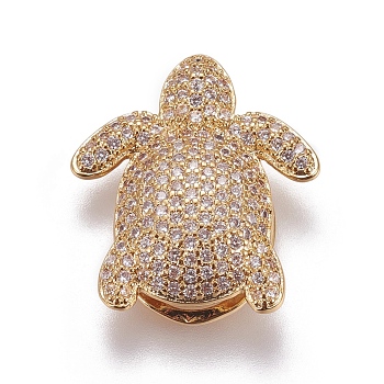 Brass Micro Pave Cubic Zirconia Slide Charms, Sea Turtle, Clear, Golden, 21x18.5x6.5mm, Hole: 2x10mm