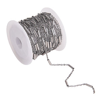 304 Stainless Steel Cable Chains, with Tube Beads, Stainless Steel Color, 2x1.5x0.3mm, 5m/roll