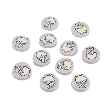 Handmade Polymer Clay Cabochons, Flat Round with Pig, Silver, 9~9.5x1.5~2mm, about 5800pcs/1000g