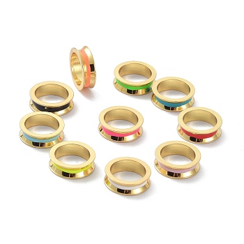 Brass Enamel European Beads, Large Hole Beads, Long-Lasting Plated, Lead Free & Cadmium Free, Real 18K Gold Plated, Ring, Mixed Color, 10x3mm, Hole: 7.5mm
