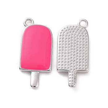 Ion Plating(IP) Brass Enamel Pendants, Ice-Lolly, Real Platinum Plated, Hot Pink, 20x9x2mm, Hole: 1.5mm