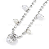 Rack Plating Brass Micro Pave Clear Cubic Zirconia Bowknot Pendant Ball Chain Necklaces, ABS Imitation Pearl Bib Necklaces, Cadmium Free & Lead Free, Long-Lasting Plated, Platinum, 16.81 inch(42.7cm)(NJEW-P317-04P)