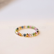 Natural Rainbow Tourmaline Round Beaded Finger Rings, Golden, US Size 8(18.1mm)(WGDC3AE-03)