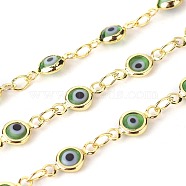 3.28 Feet Handmade Evil Eye Lampwork Link Chains, Soldered, with Brass Findings, Long-Lasting Plated, Flat Round, Golden, Light Green, 10x4.5x2mm, Hole: 1.5mm(X-CHC-F009-01A-G04)
