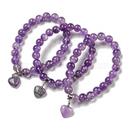 8.5mm Round Natural Amethyst Beaded Stretch Bracelets, Heart Charm Bracelets with Brass Bails for Women, Inner Diameter: 2-1/8 inch(5.5cm)(BJEW-C074-01M)