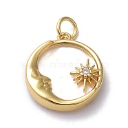 Brass Micro Pave Clear Cubic Zirconia Pendants, with Shell & Jump Ring, Long-Lasting Plated, Flat Round with Moon & Sun, Real 18K Gold Plated, 17.5x16x3.5mm, Jump Ring: 5x1mm, 3mm Inner Diameter(X-ZIRC-L091-084G)
