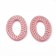 Handmade Spray Painted Reed Cane/Rattan Woven Linking Rings, For Making Straw Earrings and Necklaces,  Dyed, Pearlized Effect, Oval, Flamingo, 46~54x32~40x4~5mm, inner measure: 28~37x16~19.5mm(X-WOVE-N007-04D)