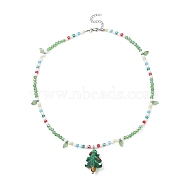 Acrylic Christmas Tree Pendant Necklace, Lampwork & Glass Beaded Chains Necklace, Green, 17.32 inch(44cm)(NJEW-TA00076)