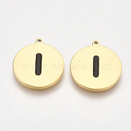 304 Stainless Steel Pendants, with Enamel, Flat Round with Letter, Golden, Black, Letter.I, 17x15x1.5mm, Hole: 1mm(STAS-S107-34I)