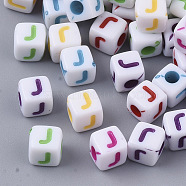 White Opaque Acrylic Beads, Horizontal Hole, Cube with Mixed Color Letter, Letter.J, 5x5x5mm, Hole: 2mm, about 5000pcs/500g(MACR-R869-01J)