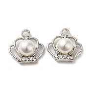 Alloy with Rhinestone Pendants, with ABS Imitation Pearl, Crown Charms, Platinum, 17x17x9mm, Hole: 2.2mm(FIND-B032-02P)
