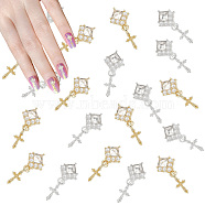 30Pcs 2 Colors Alloy Cabochons, with Resin Rhinestone and ABS Imitation Pearl Beads, Nail Art Decorations, Rhombus with Cross, Golden & Silver, 22x9x3mm, 15pcs/color(MRMJ-GO0002-07)