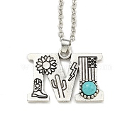 Letter A~Z Antique Silver Plated Alloy with Synthetic Turquoise Pendant Necklaces, with Iron Cable Chains, Letter M, 18.70 inch(475mm), Letter M: 24x31mm(NJEW-G080-01M)