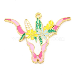 Alloy Enamel Pendants, Golden, Cattle Head with Flower Charm, Pearl Pink, 34x42x3mm, Hole: 2mm, 10pcs/set(FIND-Z049-02B-01G)