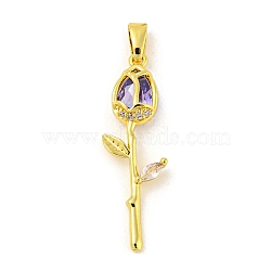 Real 18K Gold Plated Rack Plating Brass Micro Pave Cubic Zirconia Pendants, Long-Lasting Plated, Lead Free & Cadmium Free, Flower, Purple, 28x8.5x4mm, Hole: 4.5x2.5mm(KK-R153-01A-G)