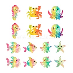 56Pcs 7 Style Resin Cabochons, Sea World Style, with Glitter Powder, Goldfish & Crab & Octopus & Starfish & Sea horse & Fish, Mixed Color, 8pcs/style(CRES-LS0001-07)