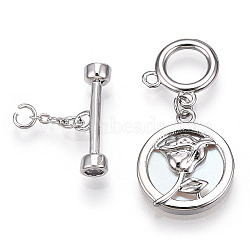 White Shell Toggle Clasps, with Brass Findings, Flat Round with Rose, Platinum, 41.5mm, T Clasps: 5.5x18x4mm, O Clasps: 12x12x1mm(KK-P223-12P-02)