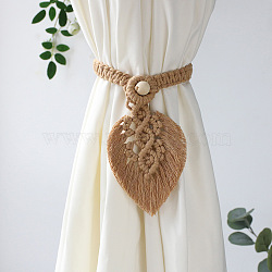 Handmade Macrame Leaf Curtain Tiebacks, Wooden Bead Clutch Curtain Holdback, for Home Wall Drapes Window Decoration, BurlyWood, 400x130mm(MAKN-PW0001-055C)