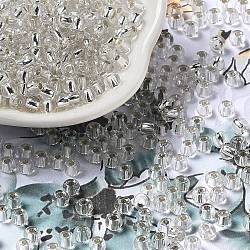 Glass Seed Beads, Silver Lined, Round Hole, Round, Clear, 4x3mm, Hole: 1.2mm, 6429pcs/pound(SEED-H002-C-A034)