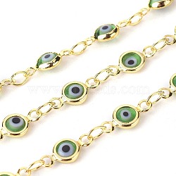 3.28 Feet Handmade Evil Eye Lampwork Link Chains, Soldered, with Brass Findings, Long-Lasting Plated, Flat Round, Golden, Light Green, 10x4.5x2mm, Hole: 1.5mm(X-CHC-F009-01A-G04)