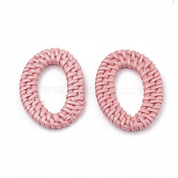 Handmade Spray Painted Reed Cane/Rattan Woven Linking Rings, For Making Straw Earrings and Necklaces,  Dyed, Pearlized Effect, Oval, Flamingo, 46~54x32~40x4~5mm, inner measure: 28~37x16~19.5mm(X-WOVE-N007-04D)