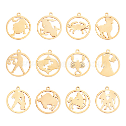 201 Stainless Steel Pendant, Laser Cut, Ring with 12 Constellations, Golden, 20x17.5x1mm, Hole: 1.4mm, 12pcs/set, 1set/box(STAS-UN0022-88G)