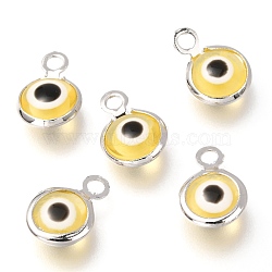 Handmade Evil Eye Lampwork Charms, with Brass Findings, Flat Round, Blue, Real Platinum Plated, 10x6.5x3mm, Hole: 1.5mm(KK-F764-13P-05)