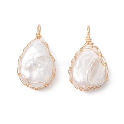 Natural Baroque Pearl Keshi Pearl Copper Wire Wrapped Pendants, Teardrop Charms, White, Golden, 27~28x15~16x7mm, Hole: 2.5~3mm(PALLOY-JF04725)