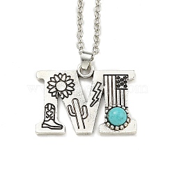Letter A~Z Antique Silver Plated Alloy with Synthetic Turquoise Pendant Necklace, with Iron Cable Chains, Letter M, 18.70 inch(475mm), Letter M: 24x31mm(NJEW-G080-01M)