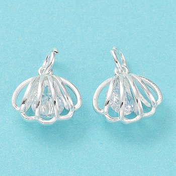 Rack Plating Brass Clear Cubic Zirconia Pendants, Long-Lasting Plated, Cadmium Free & Lead Free, with Jump Rings, Shell Shape, Silver, 12.5x12.5x7mm, Hole: 4mm