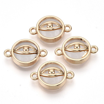 Glass Links connectors, with Light Gold Plated Alloy Findings, Flat Round with Eye, Clear, 13.5x19.5x6mm, Hole: 1.6mm