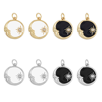8Pcs 4 Colors Rack Plating Brass Micro Pave Cubic Zirconia Pendants, with Enamel and Jump Ring, Long-Lasting Plated, Cadmium Free & Lead Free, Flat Round & Sun & Moon, Mixed Color, 17.5x15.5x3mm, Hole: 3mm; 2pcs/color