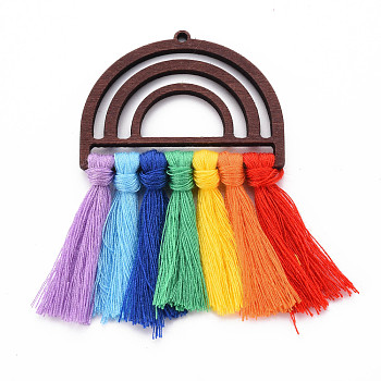 Polycotton(Polyester Cotton) Tassel Big Pendants, Unfinished Wood Semi Circle Earrings, for DIY Rainbow Macrame Earrings, Colorful, 76x50x5mm, Hole: 2mm